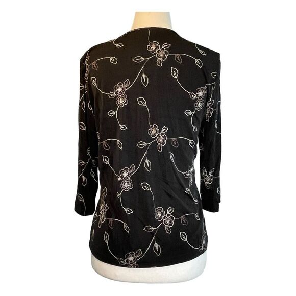 Y2K Briggs NY Embroidered Floral Print Blouse Black V-Neck 3/4 Sleeves M - Picture 4 of 6